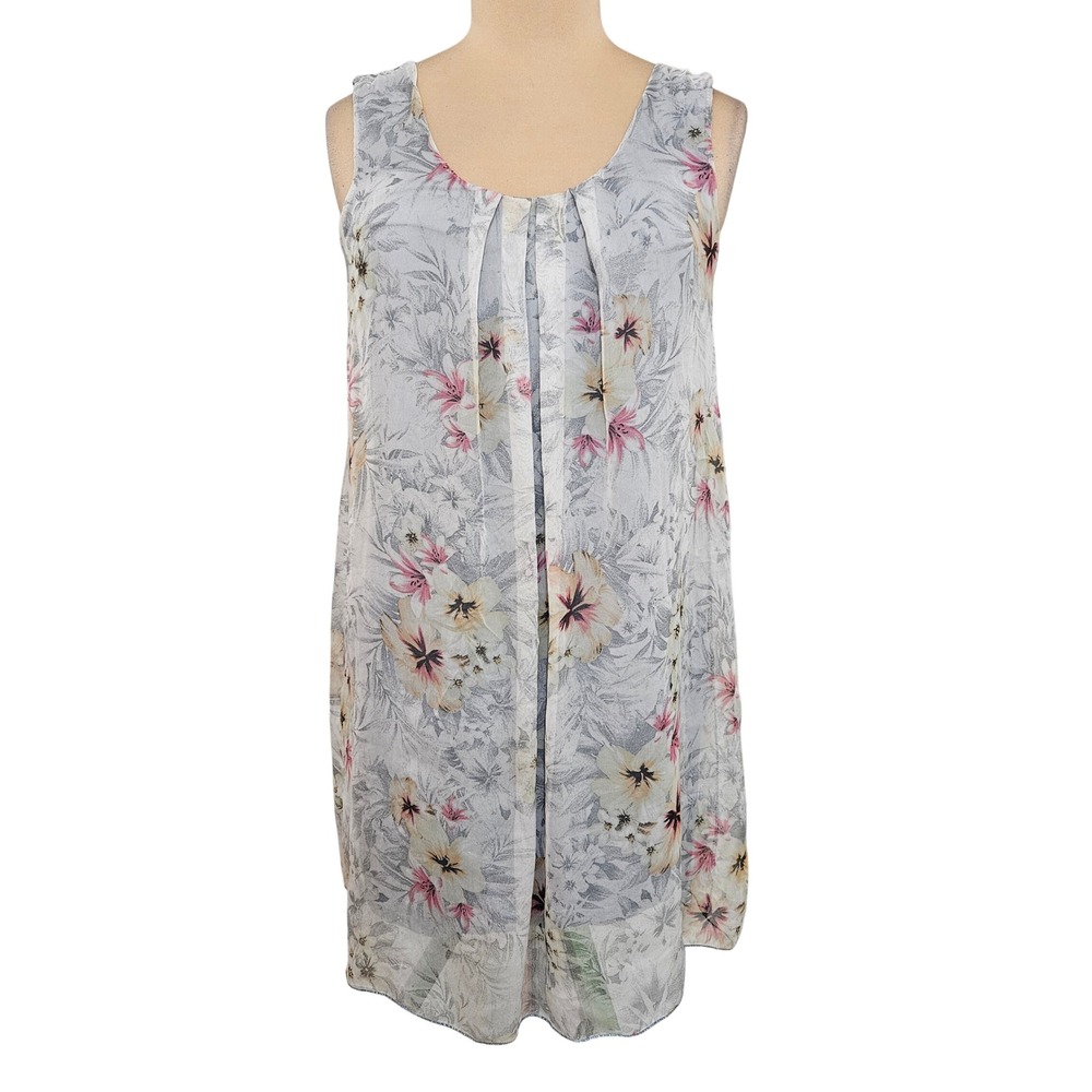 Made in Italy Floral Pleated Sleeveless Tunic Dress Grey Pink Blue Cottagecore